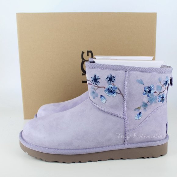 NEW UGG CLASSIC MINI Suede  Embroidered Floral Boots - Picture 2 of 14